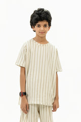 Boys Round Neck T-Shirt in Terry - Off White Striped