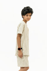 Boys Round Neck T-Shirt in Terry - Off White Striped