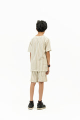 Boys Round Neck T-Shirt in Terry - Off White Striped