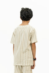 Boys Round Neck T-Shirt in Terry - Off White Striped