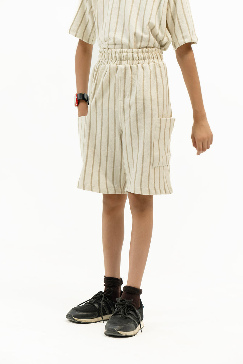 Boys Cargo Short in Terry - Off White Striped