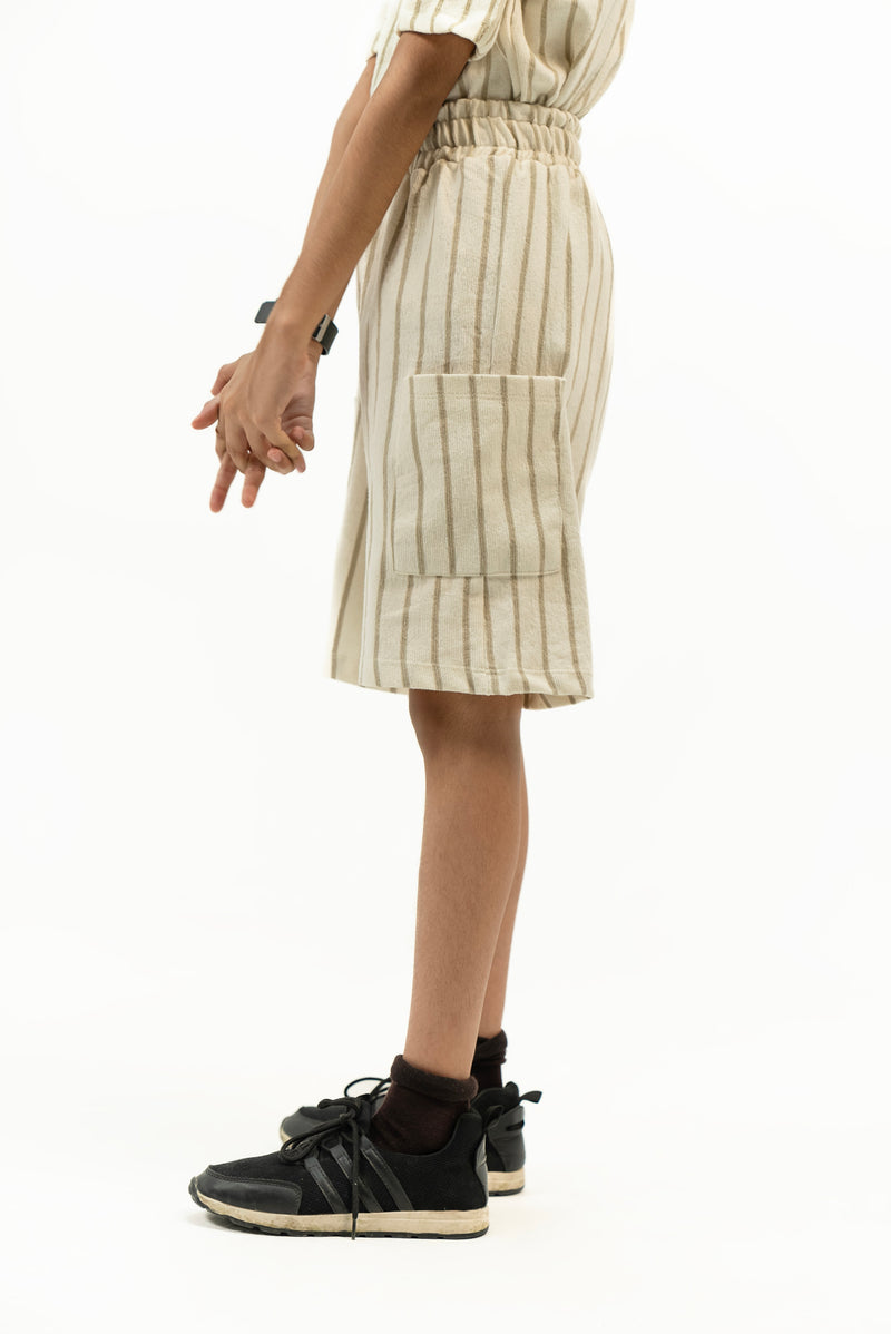 Boys Cargo Short in Terry - Off White Striped