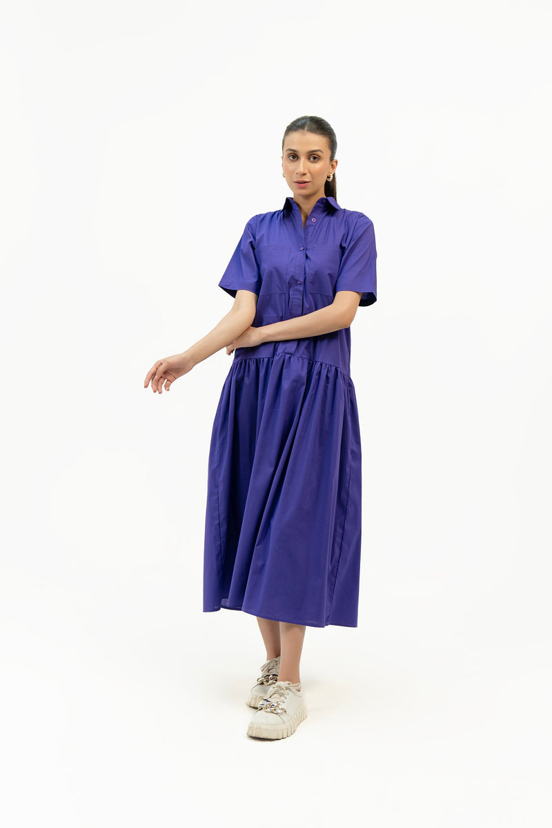 Short Sleeve Front Pocket Dress - Purple