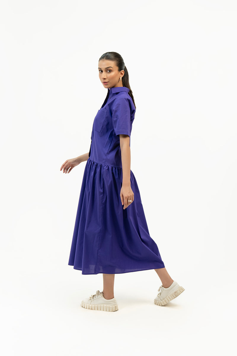 Short Sleeve Front Pocket Dress - Purple