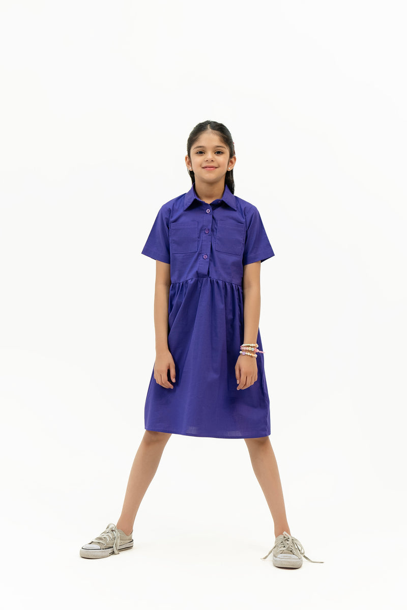 Girls Short Sleeve Front Pocket Dress - Purple