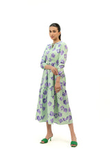 Tie Neck Elastic Waist Dress - Light Green Purple Floral