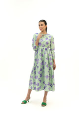 Tie Neck Elastic Waist Dress - Light Green Purple Floral