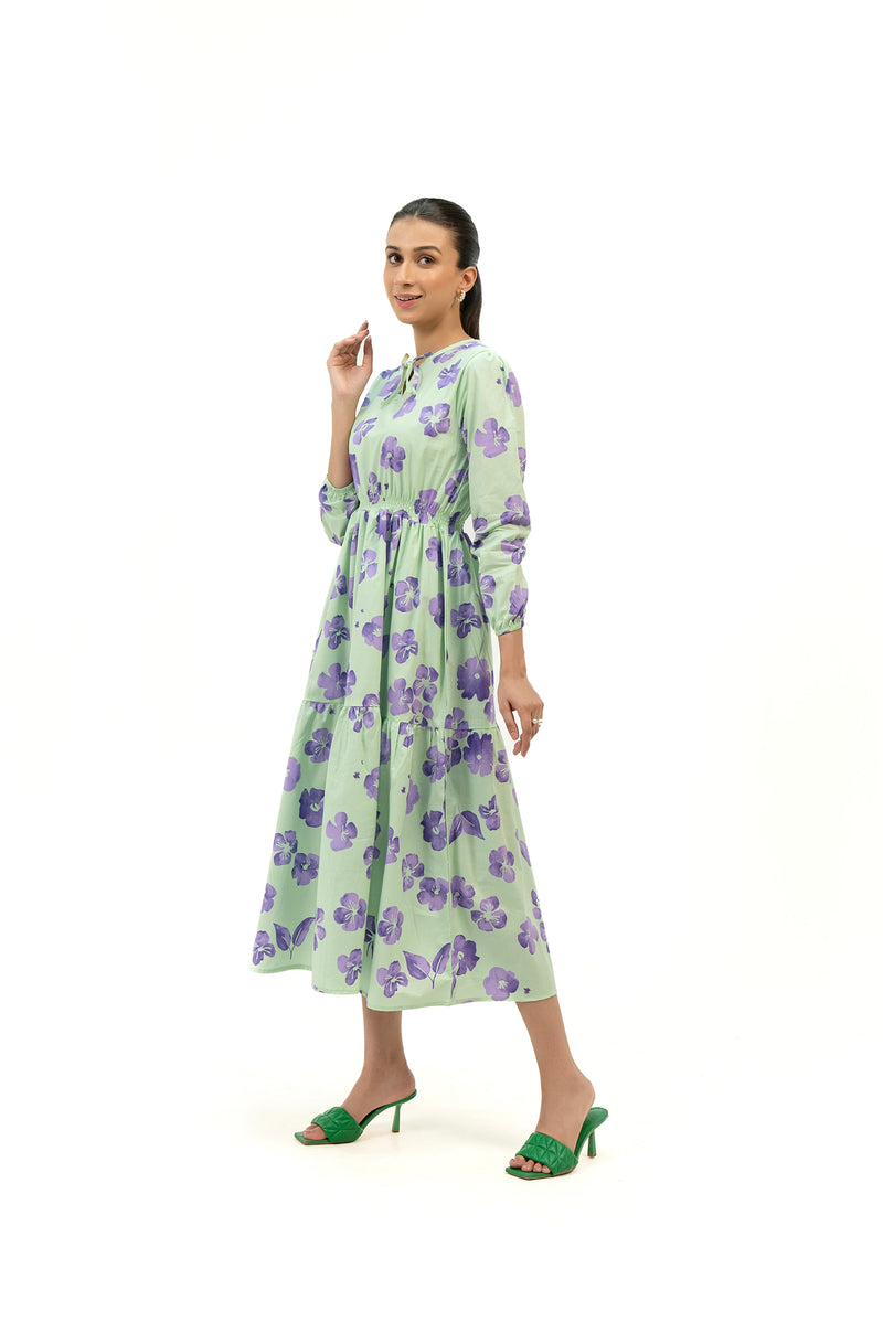 Tie Neck Elastic Waist Dress - Light Green Purple Floral