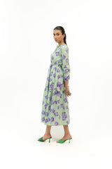 Tie Neck Elastic Waist Dress - Light Green Purple Floral