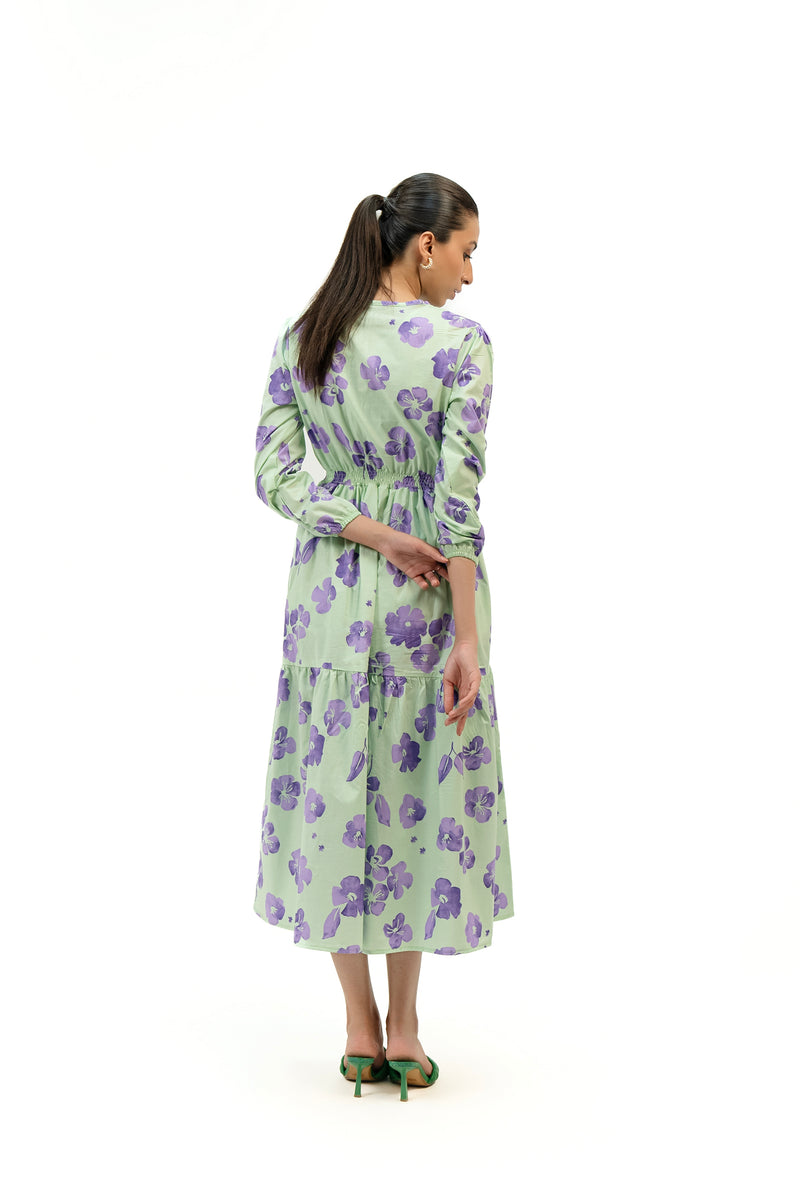 Tie Neck Elastic Waist Dress - Light Green Purple Floral