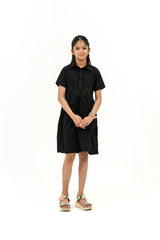 Girls Short Sleeve Front Pocket Dress - Black