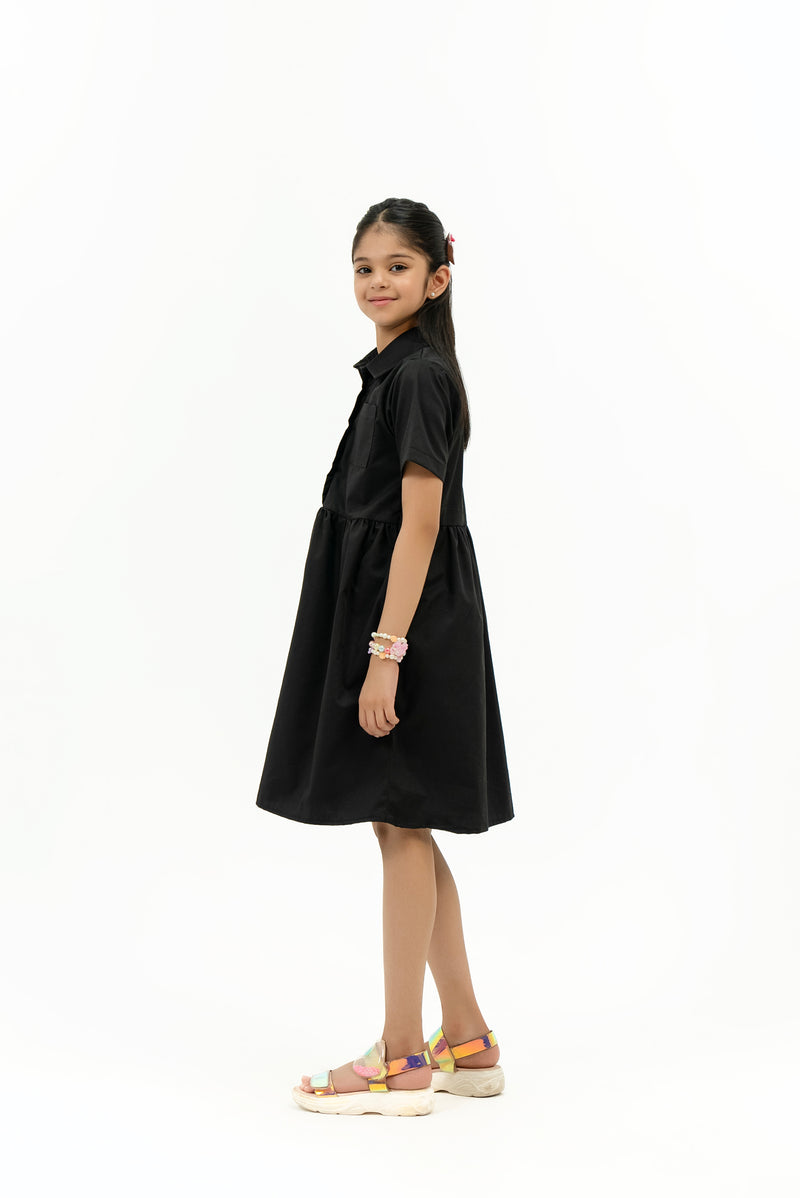 Girls Short Sleeve Front Pocket Dress - Black