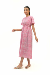 Elastic Waist Dress - Pink White Printed