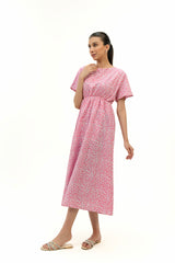 Elastic Waist Dress - Pink White Printed