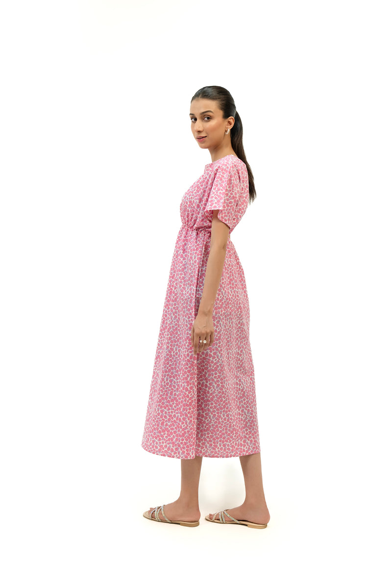 Elastic Waist Dress - Pink White Printed