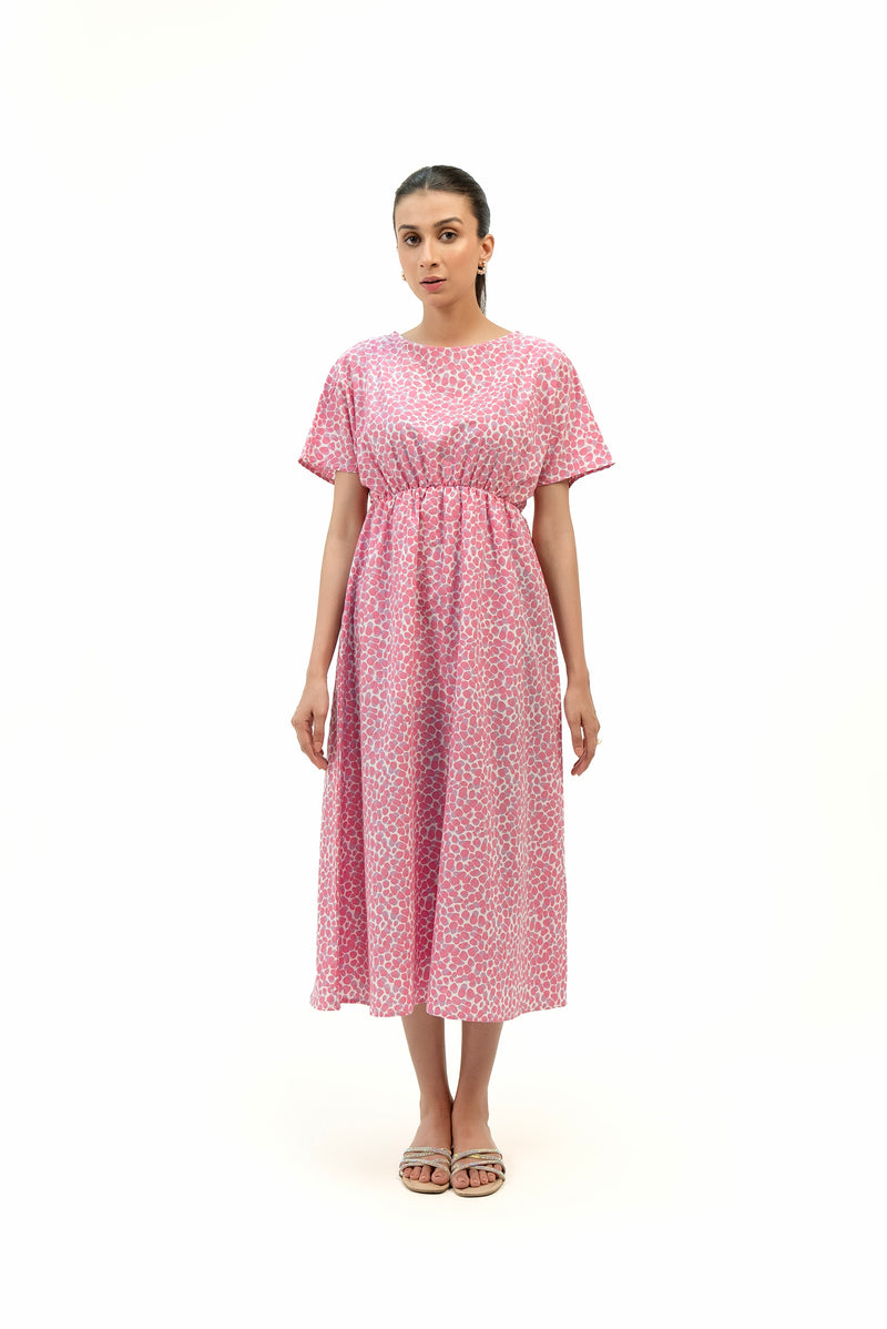 Elastic Waist Dress - Pink White Printed