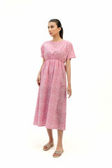 Elastic Waist Dress - Pink White Printed