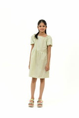 Girls Short Puff Sleeve Dress - Light Green