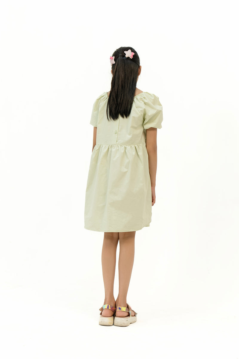 Girls Short Puff Sleeve Dress - Light Green