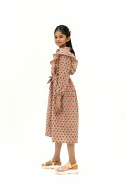 Girls Ruffle Trim Belted Dress - Brown Geometric Print