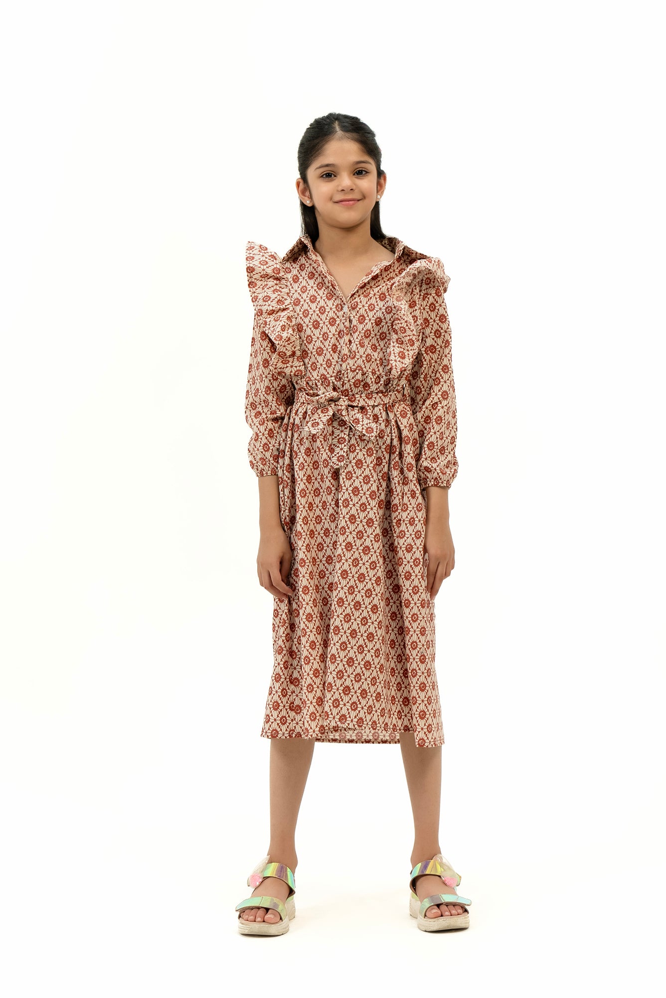 Girls Ruffle Trim Belted Dress - Brown Geometric Print