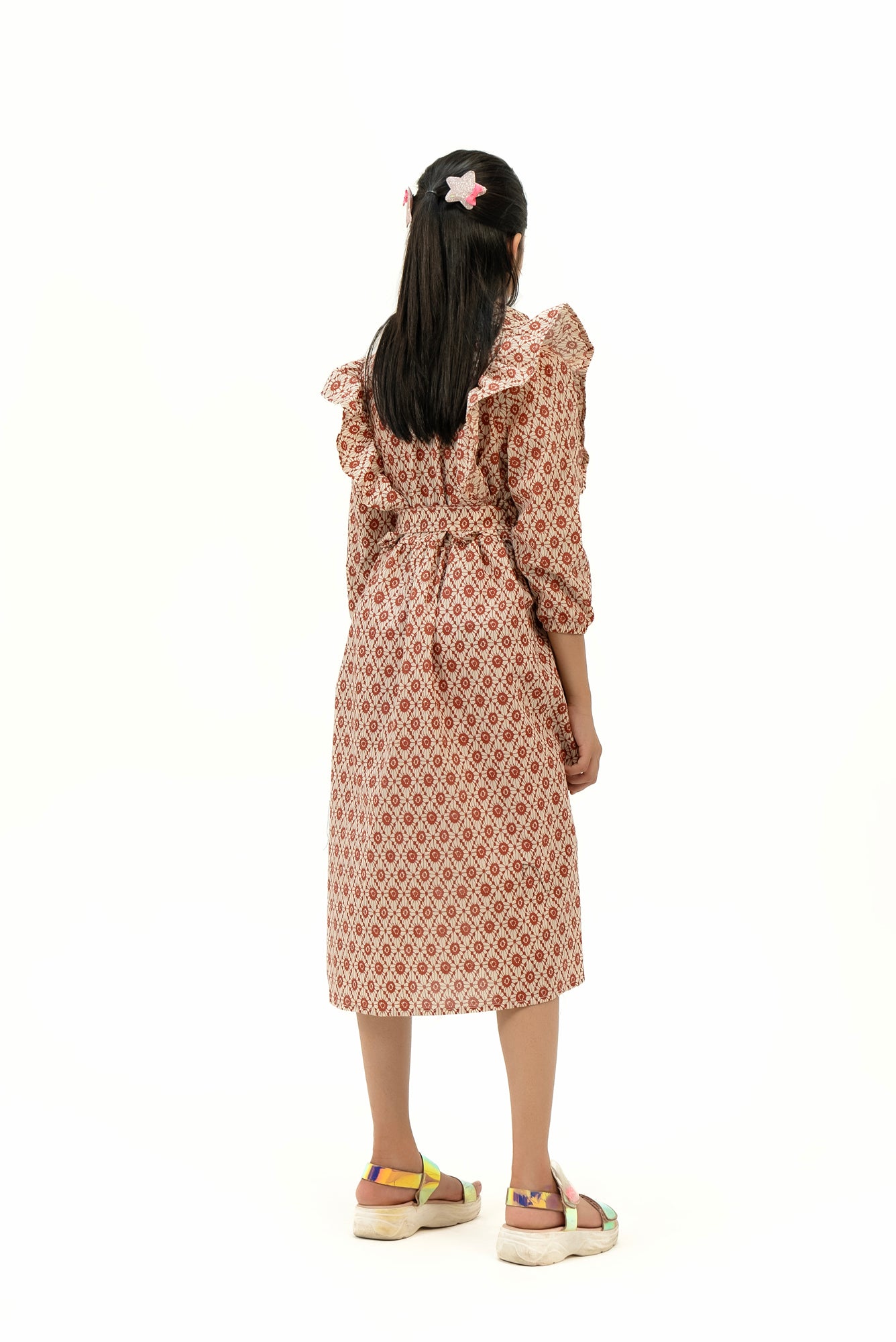 Girls Ruffle Trim Belted Dress - Brown Geometric Print
