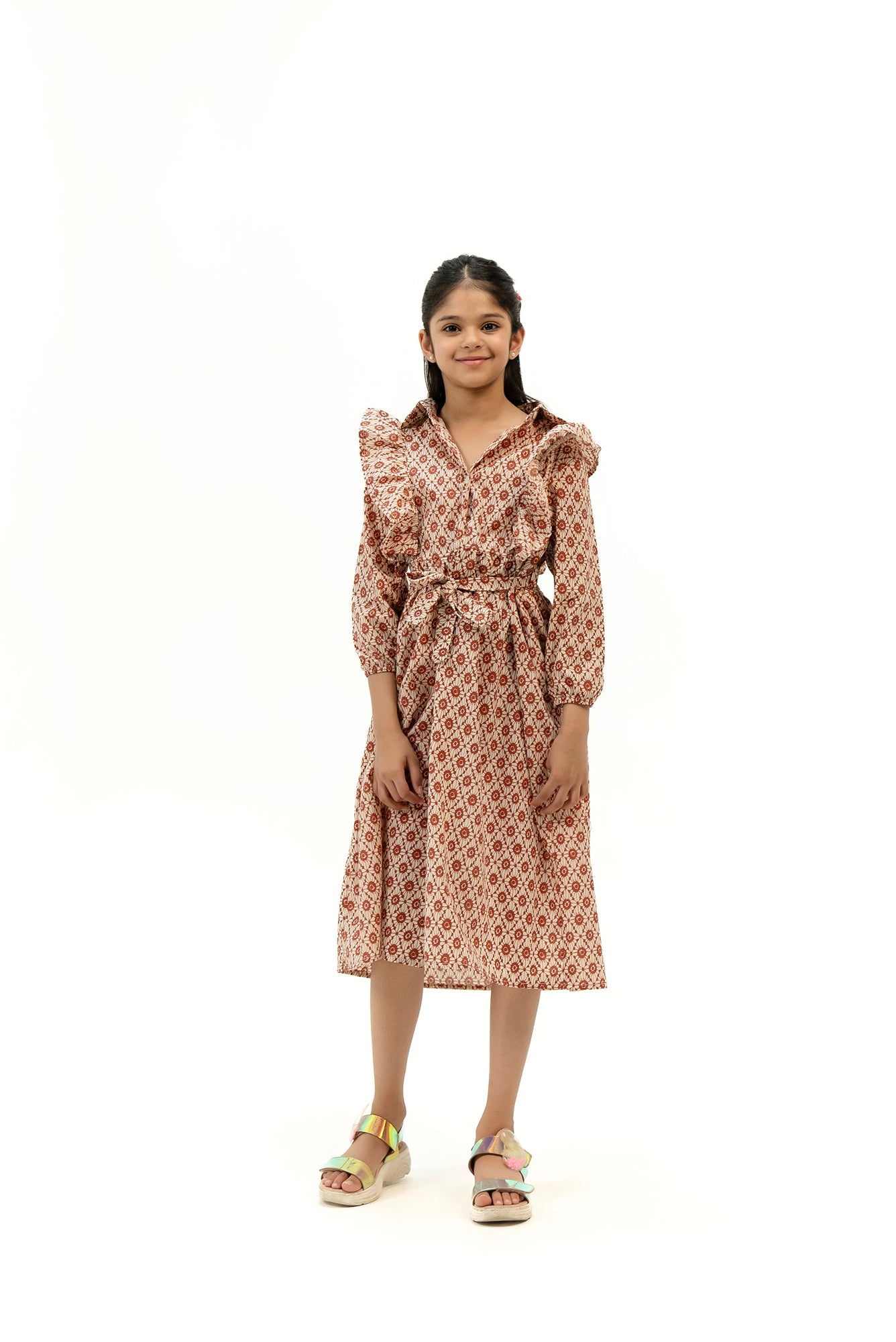 Girls Ruffle Trim Belted Dress - Brown Geometric Print