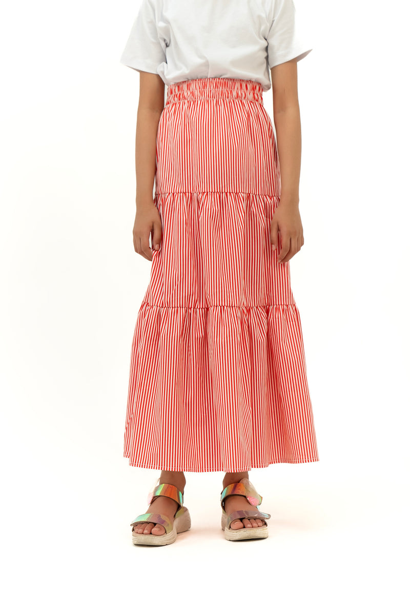 Girls Ruffle Long Skirt - Red White Striped