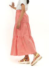 Girls Ruffle Long Skirt - Red White Striped