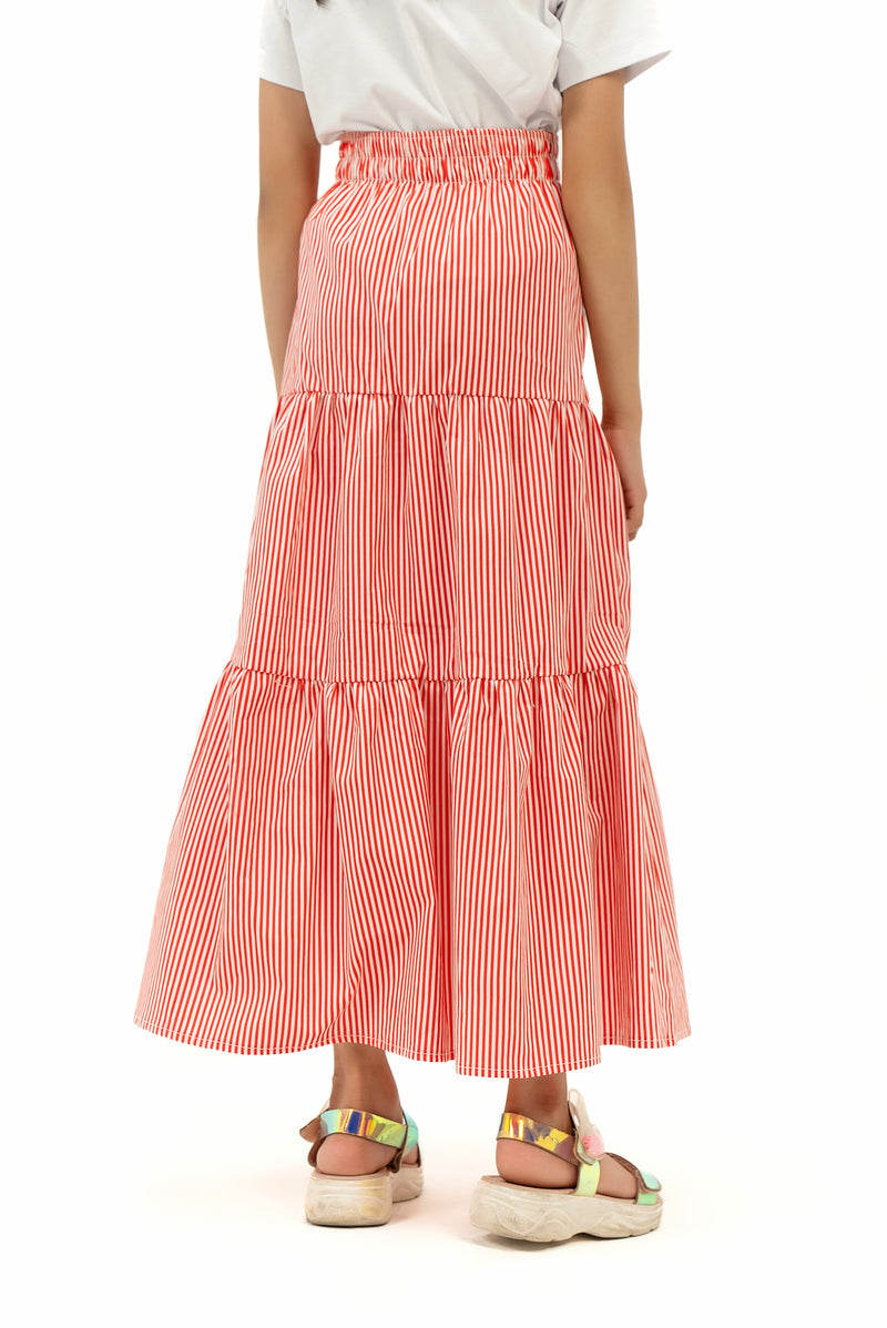 Girls Ruffle Long Skirt - Red White Striped