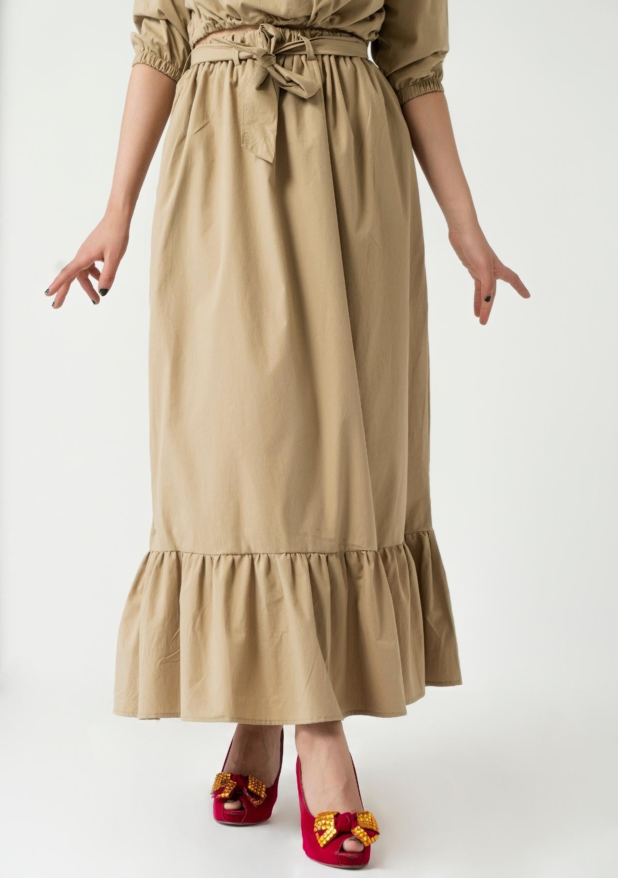 Ruffle Hem Skirt with Belt - Khaki