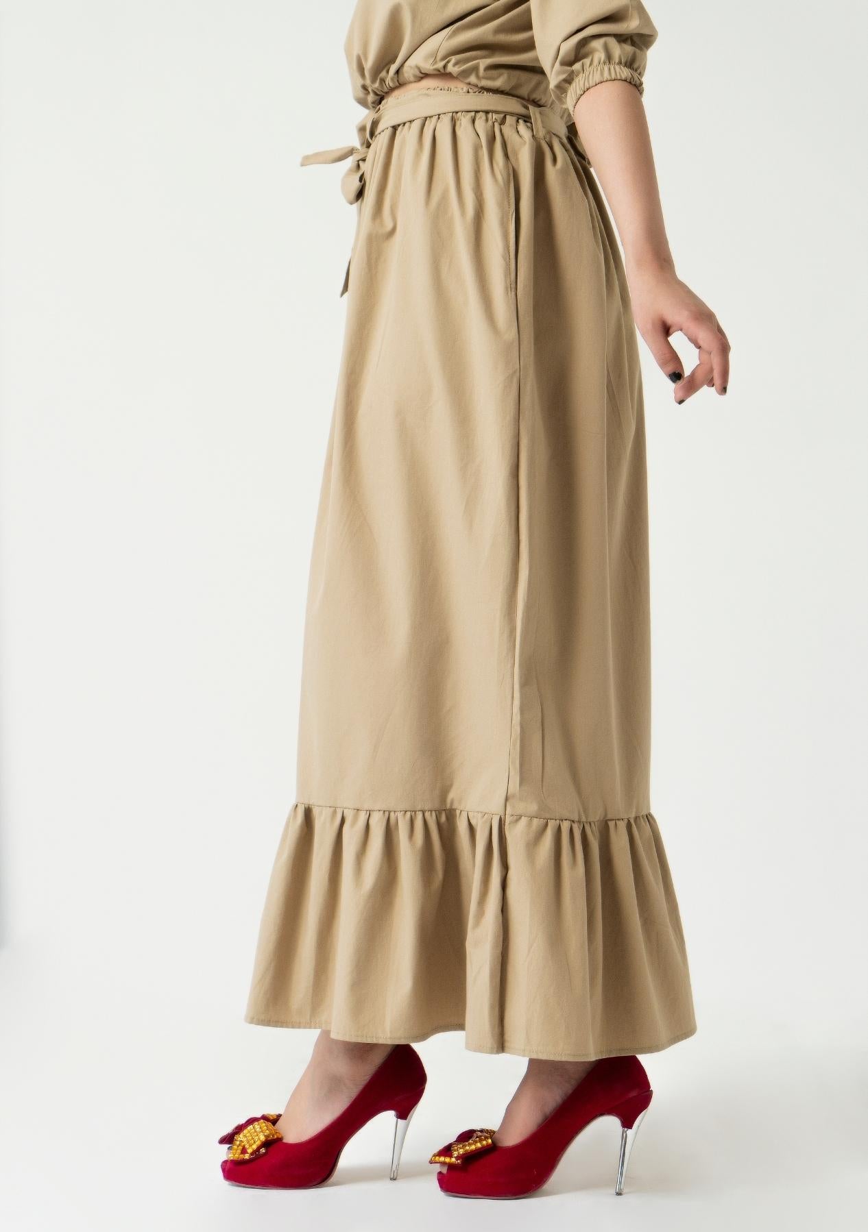 Ruffle Hem Skirt with Belt - Khaki