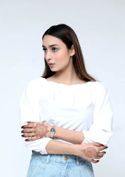 Off shoulder top with elasticated cuff - white