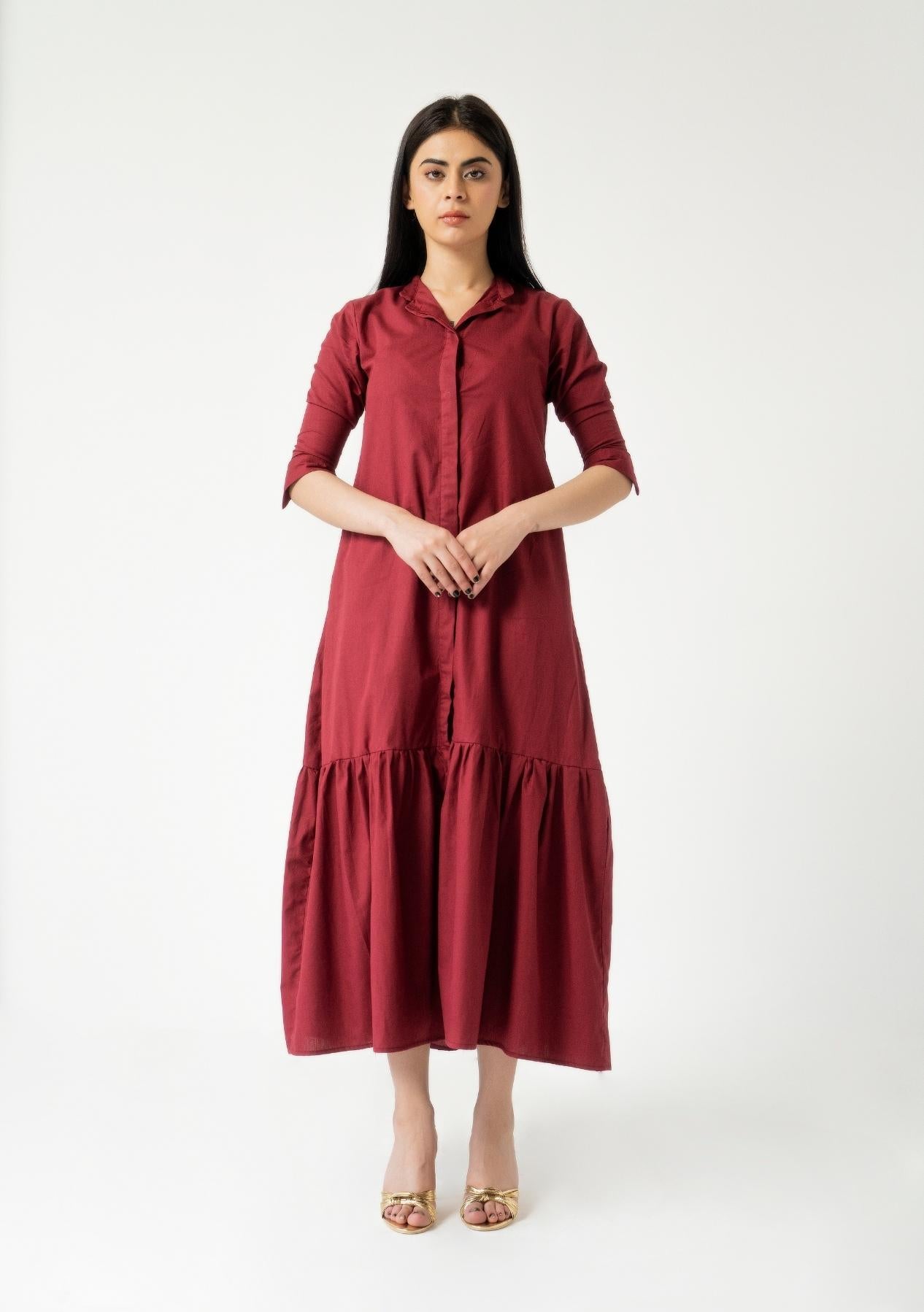 Front Button Ruffle Dress - maroon