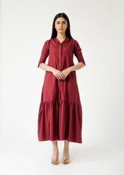 Front Button Ruffle Dress - maroon