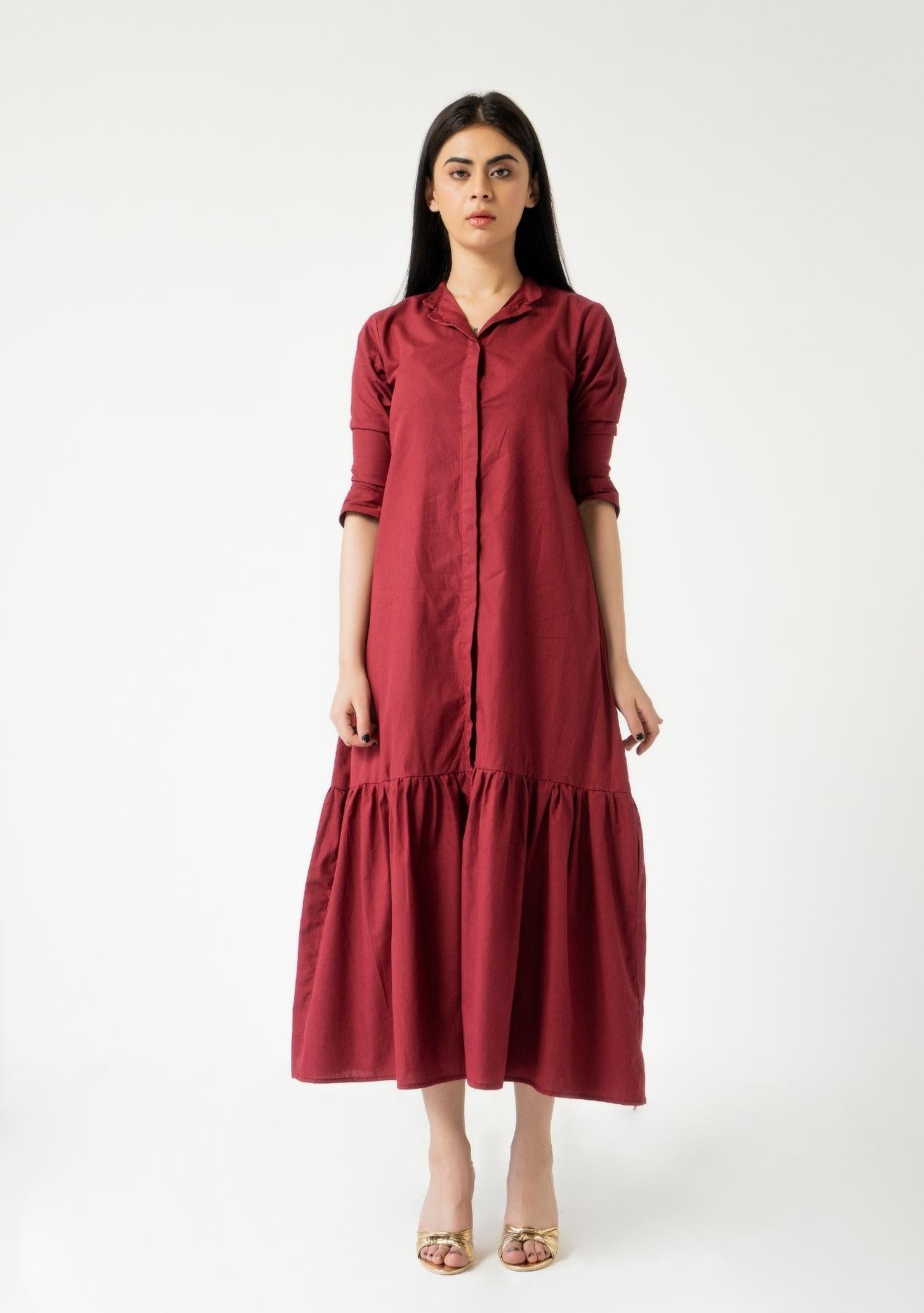 Front Button Ruffle Dress - maroon