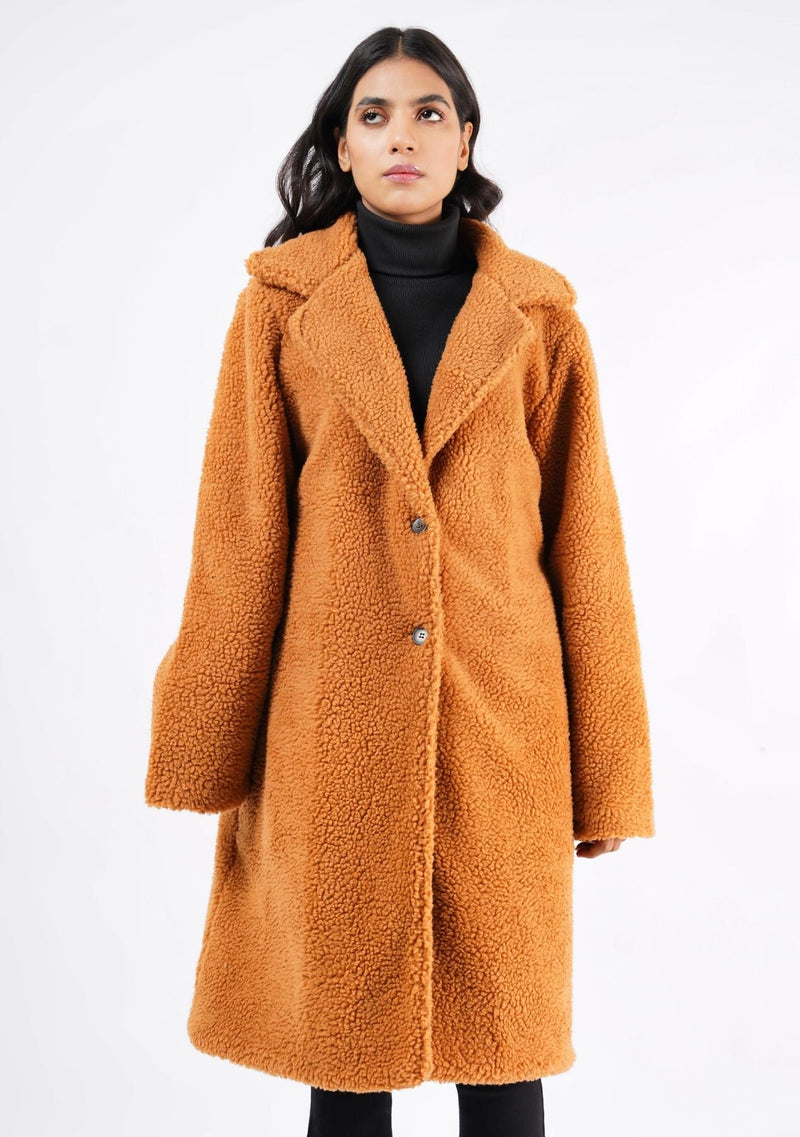 Teddy Faux Fur Oversized Coat - Camel