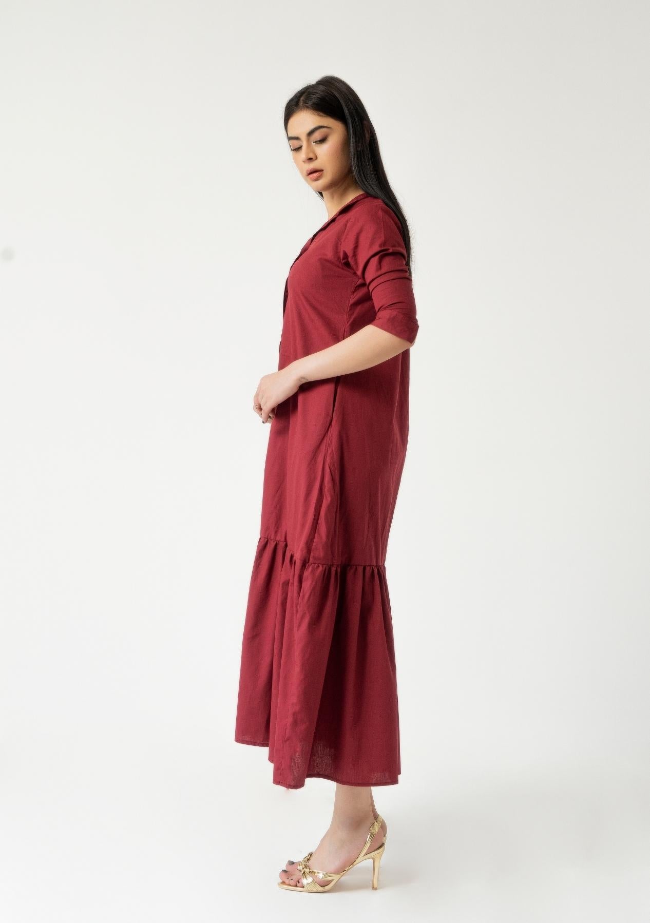 Front Button Ruffle Dress - maroon