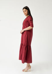 Front Button Ruffle Dress - maroon