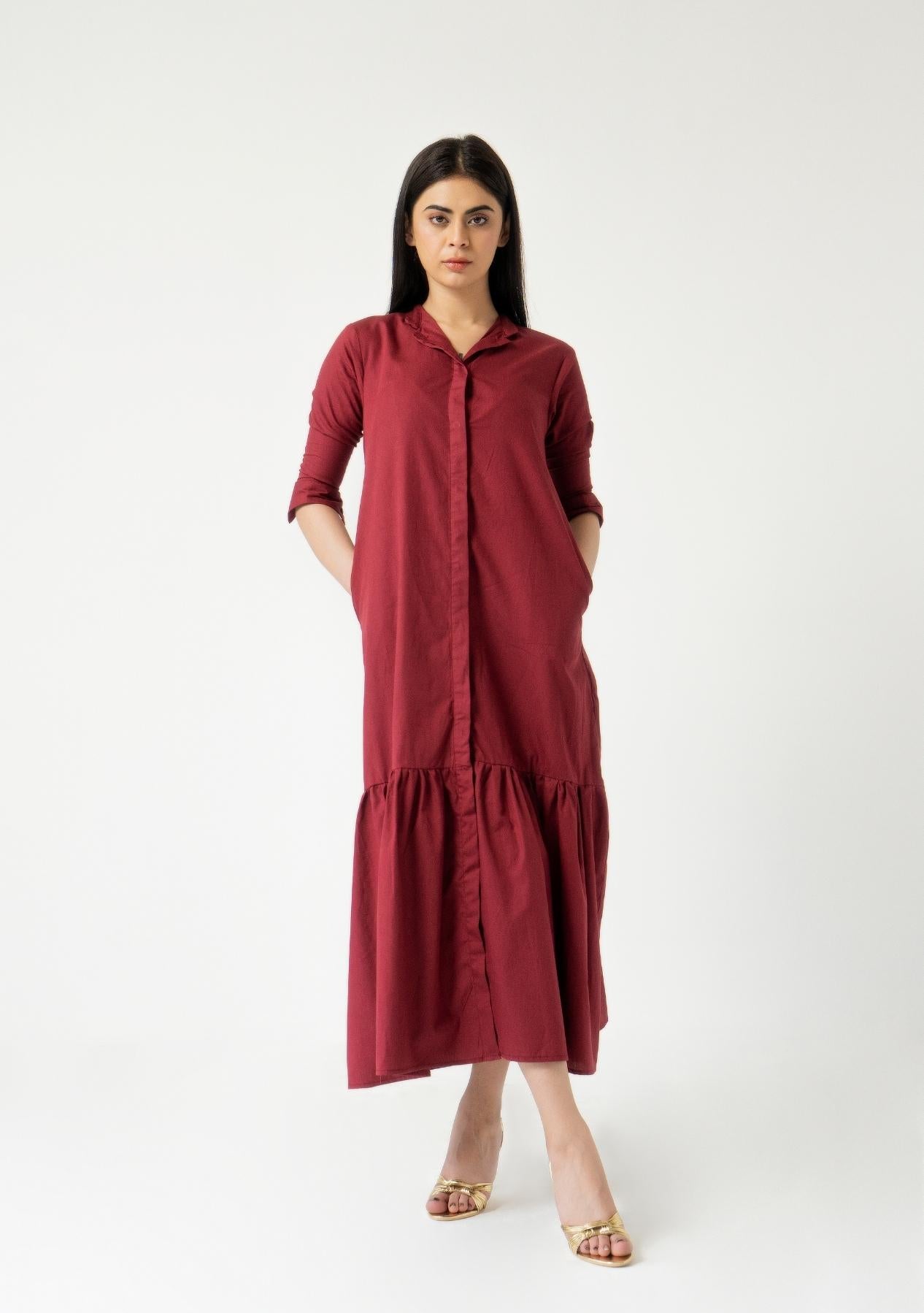 Front Button Ruffle Dress - maroon