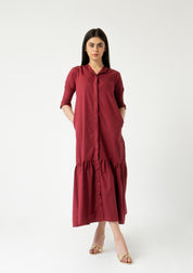 Front Button Ruffle Dress - maroon