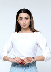 Off shoulder top with elasticated cuff - white