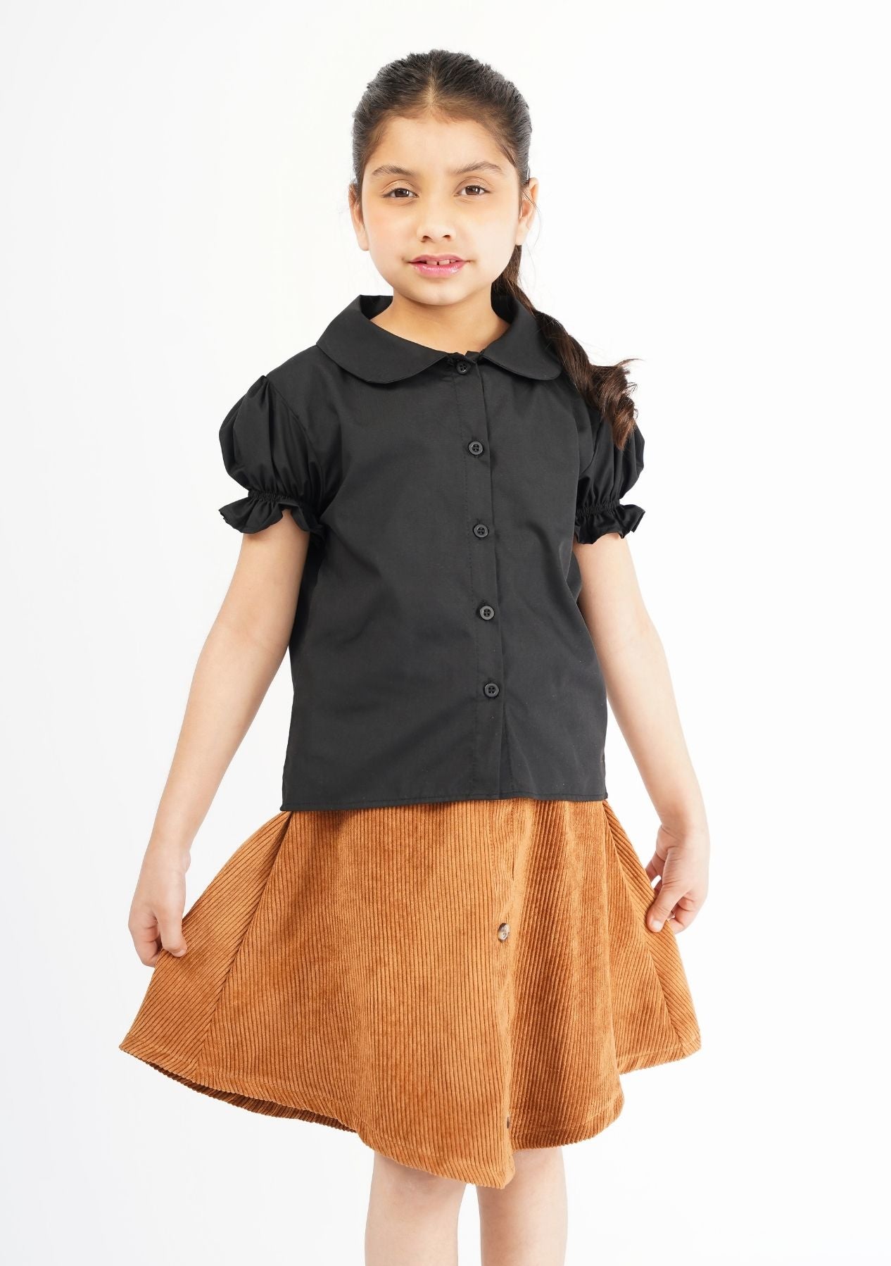 Girls Peter Pan Collar Front Button Blouse - Black
