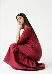 Front Button Ruffle Dress - maroon