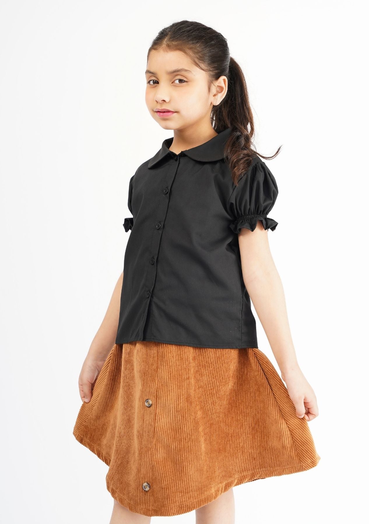 Girls Peter Pan Collar Front Button Blouse - Black