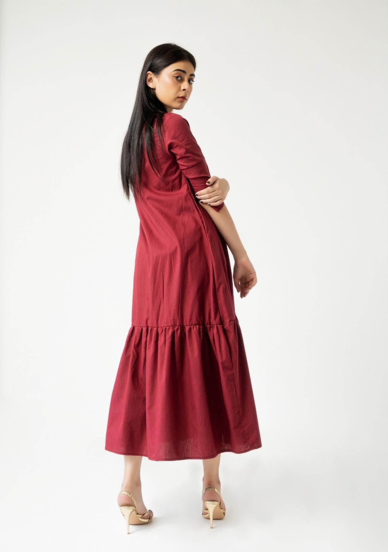 Front Button Ruffle Dress - maroon