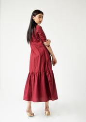 Front Button Ruffle Dress - maroon