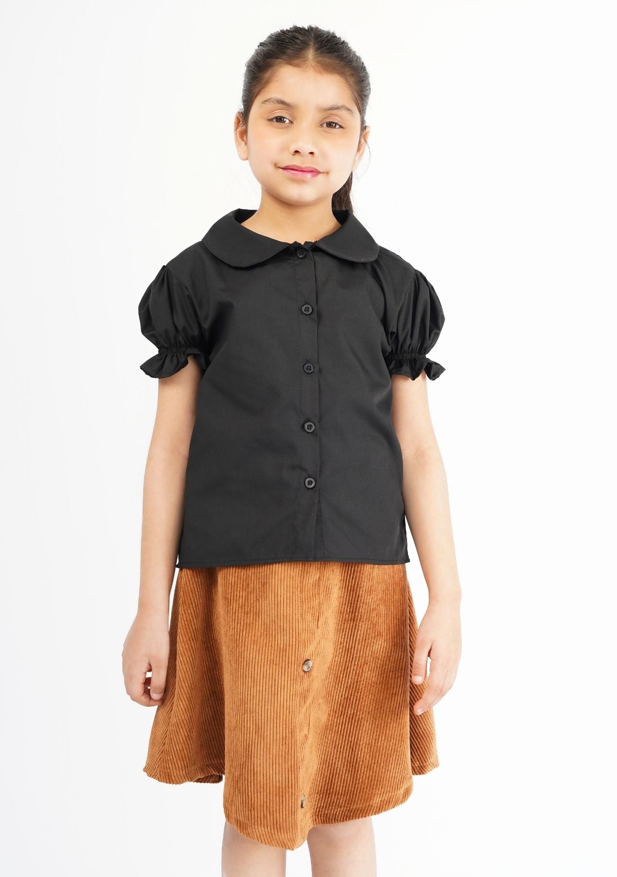 Girls Peter Pan Collar Front Button Blouse - Black