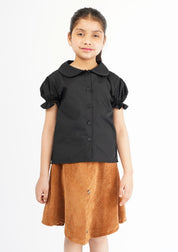Girls Peter Pan Collar Front Button Blouse - Black