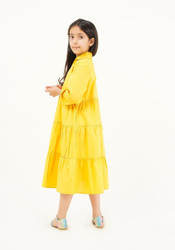 Girls V Neck Collared Dress - classic yellow